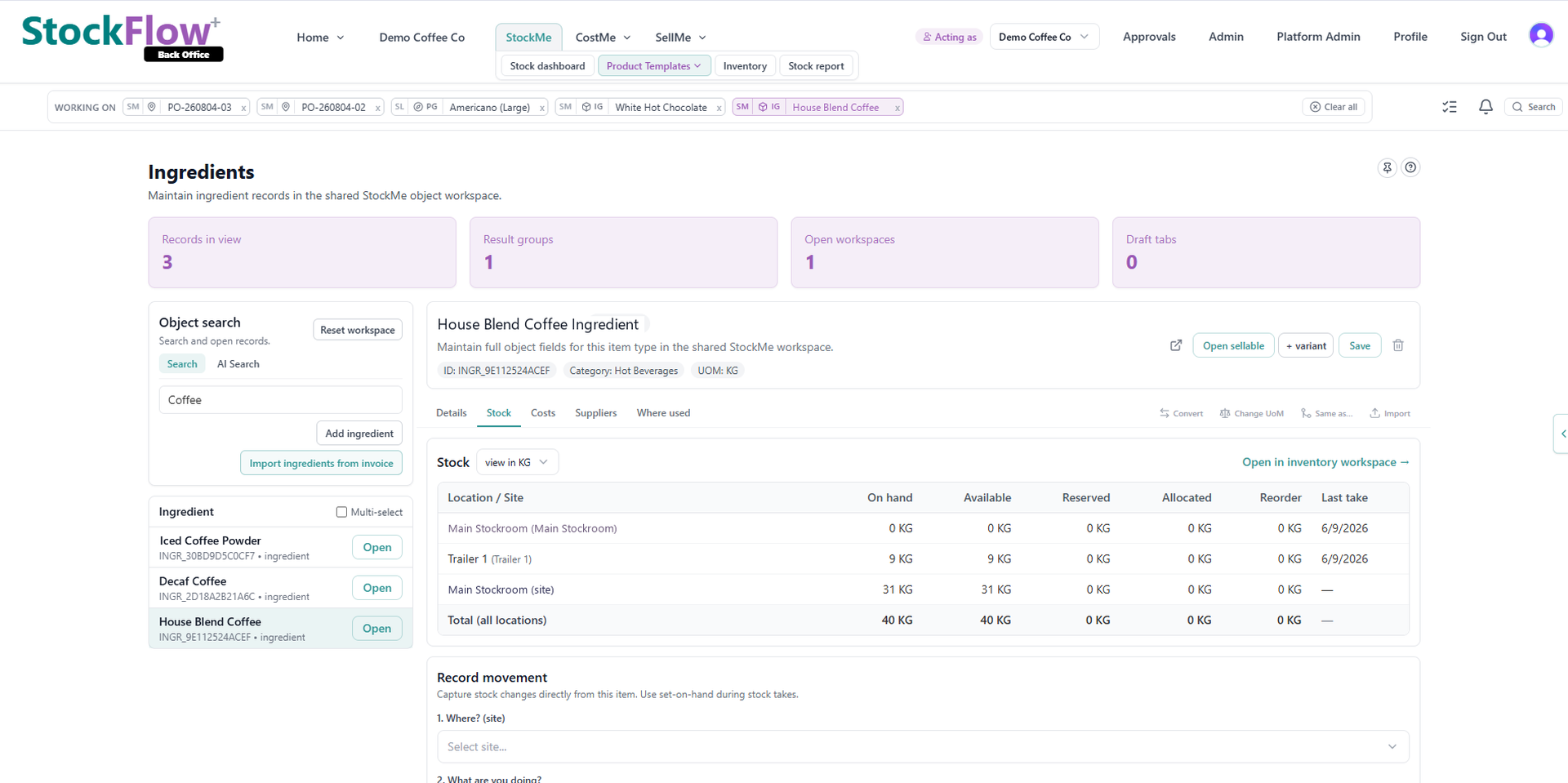 StockFlow inventory management in the workspace