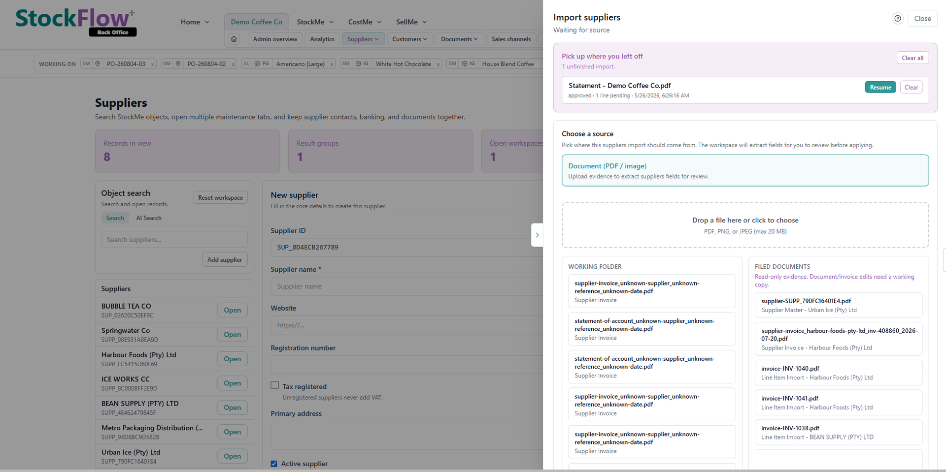 StockFlow supplier invoices in the workspace