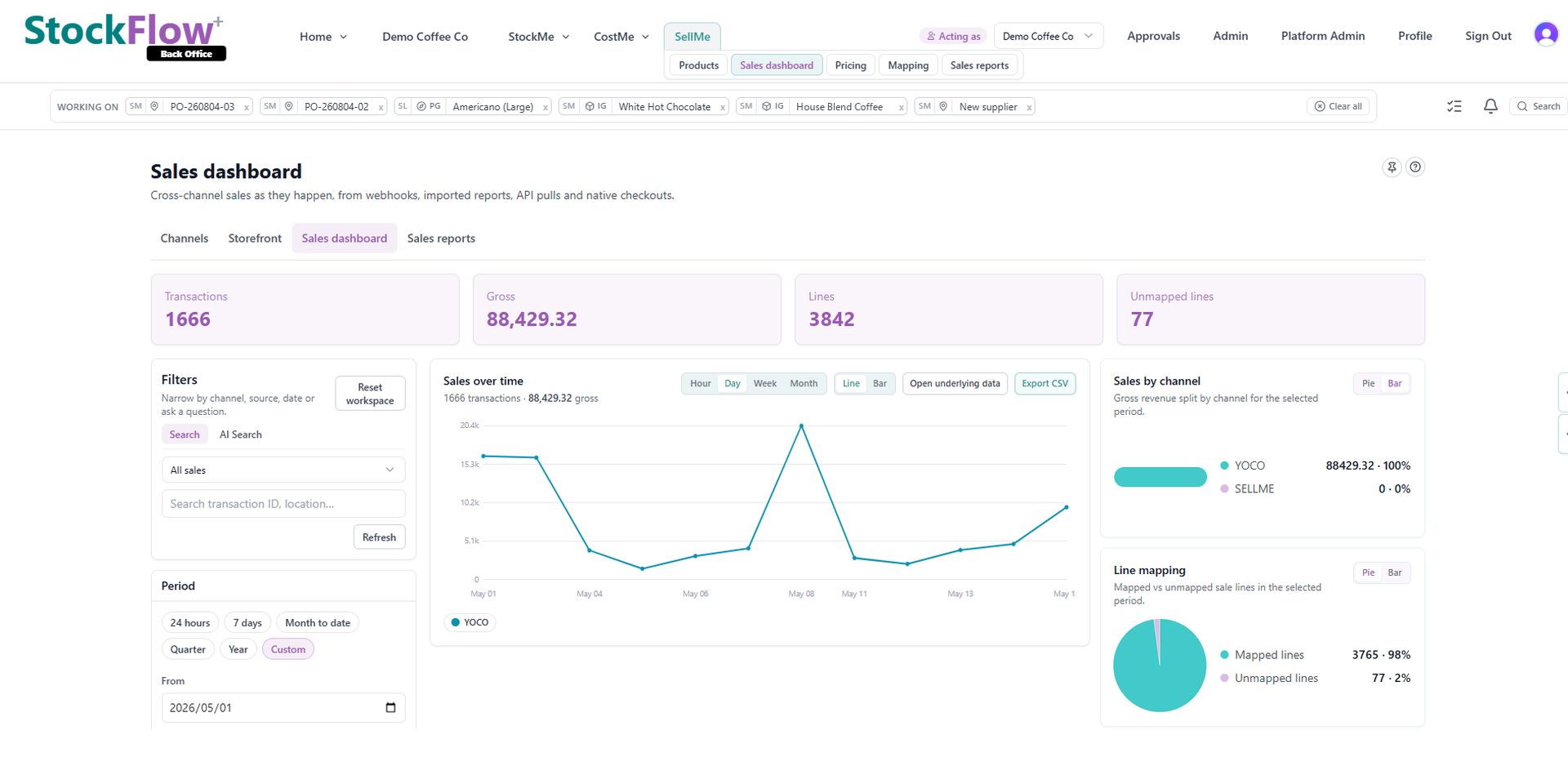StockFlow workspace showing stock, suppliers and business structure in one place